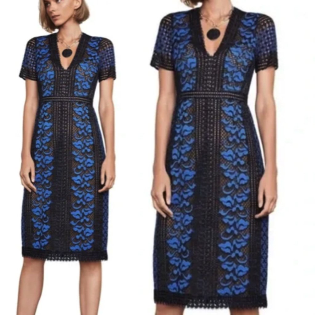 Nwt Bcbgmaxazria Women's Cinthya Woven Short Sleeved Lace Dress Black Blue 6